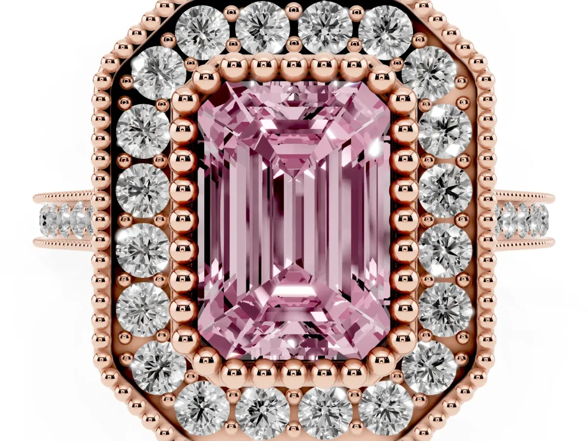 Fancy Pink Emerald Cut Diamond Halo Ring with Milgrain Frame and Pavé Band Rose gold