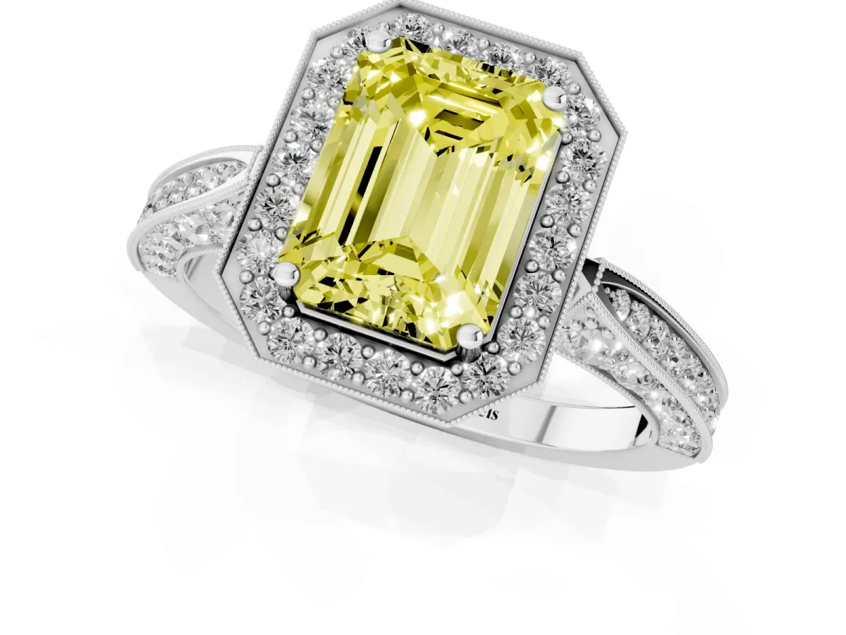 Fancy Yellow Emerald Cut Halo Diamond Engagement Ring with Split Shank Band and Four-Prong Setting Silver