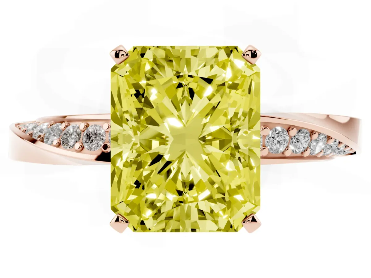 Fancy Yellow Radiant Cut Diamond Engagement Ring with Side Stone Accents and Four-Prong Setting Rose gold