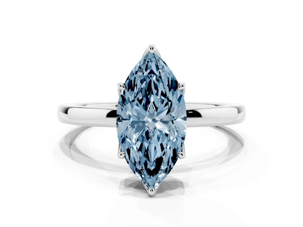 Fancy Blue Marquise Cut Diamond Solitaire Ring with Thin Band and Prong Setting Platinum