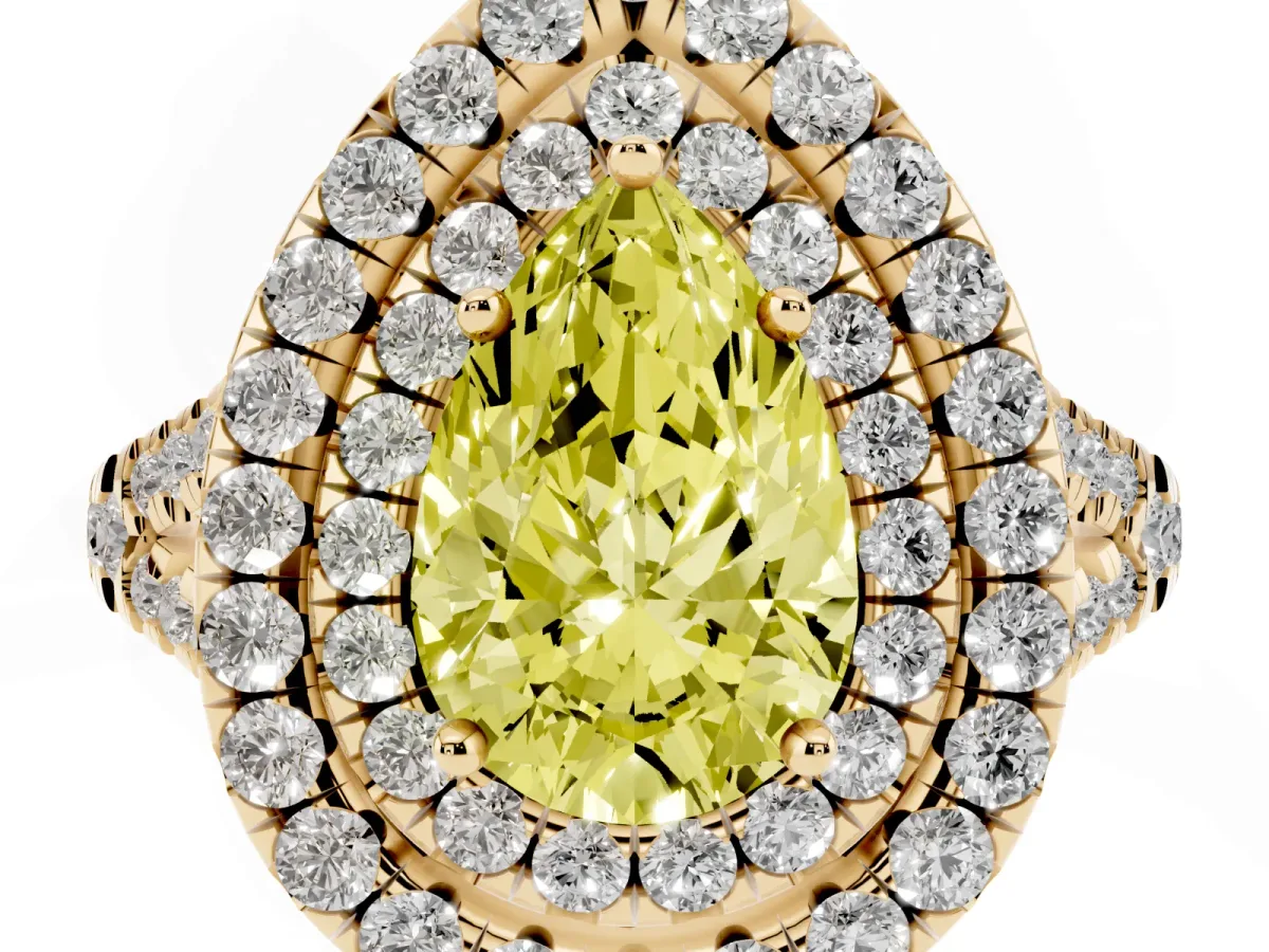 Fancy Yellow Double Halo Pear Cut Diamond Pavé Split Shank Ring with Prong Setting Yellow gold