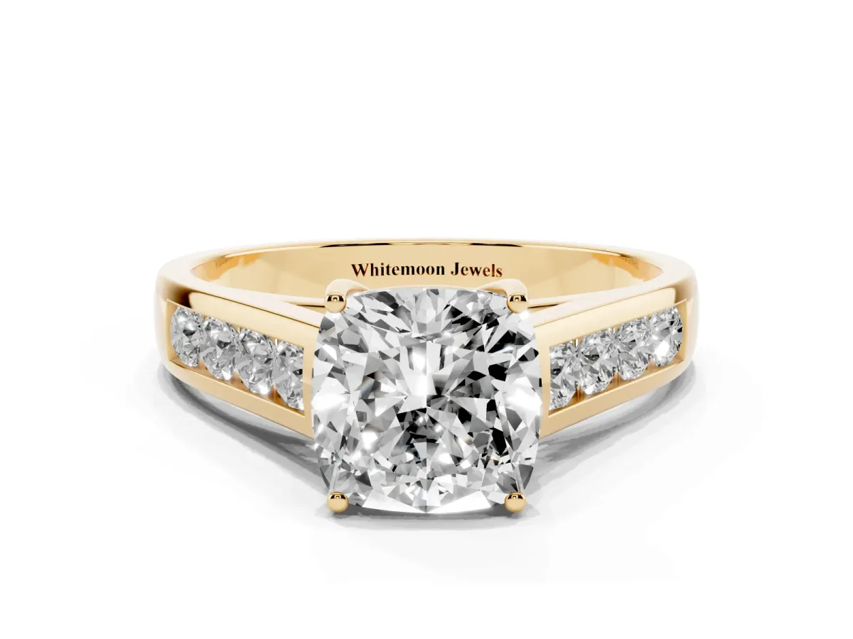Cushion Cut Solitaire Channel-Set Diamond Engagement Ring with Four-Prong Setting Yellow gold