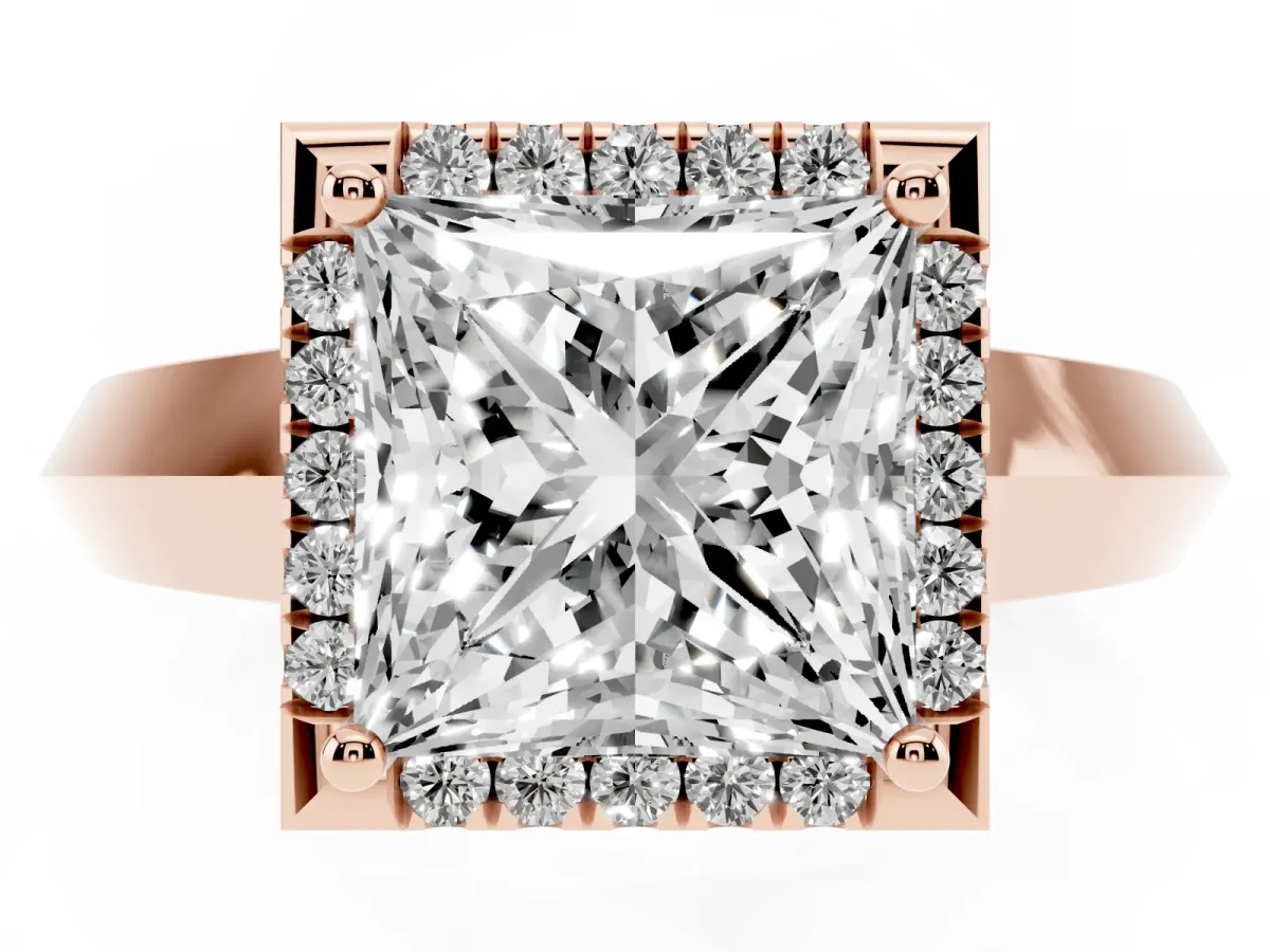 Princess Cut Halo Diamond Ring with Cathedral Band and Four-Prong Setting Rose gold