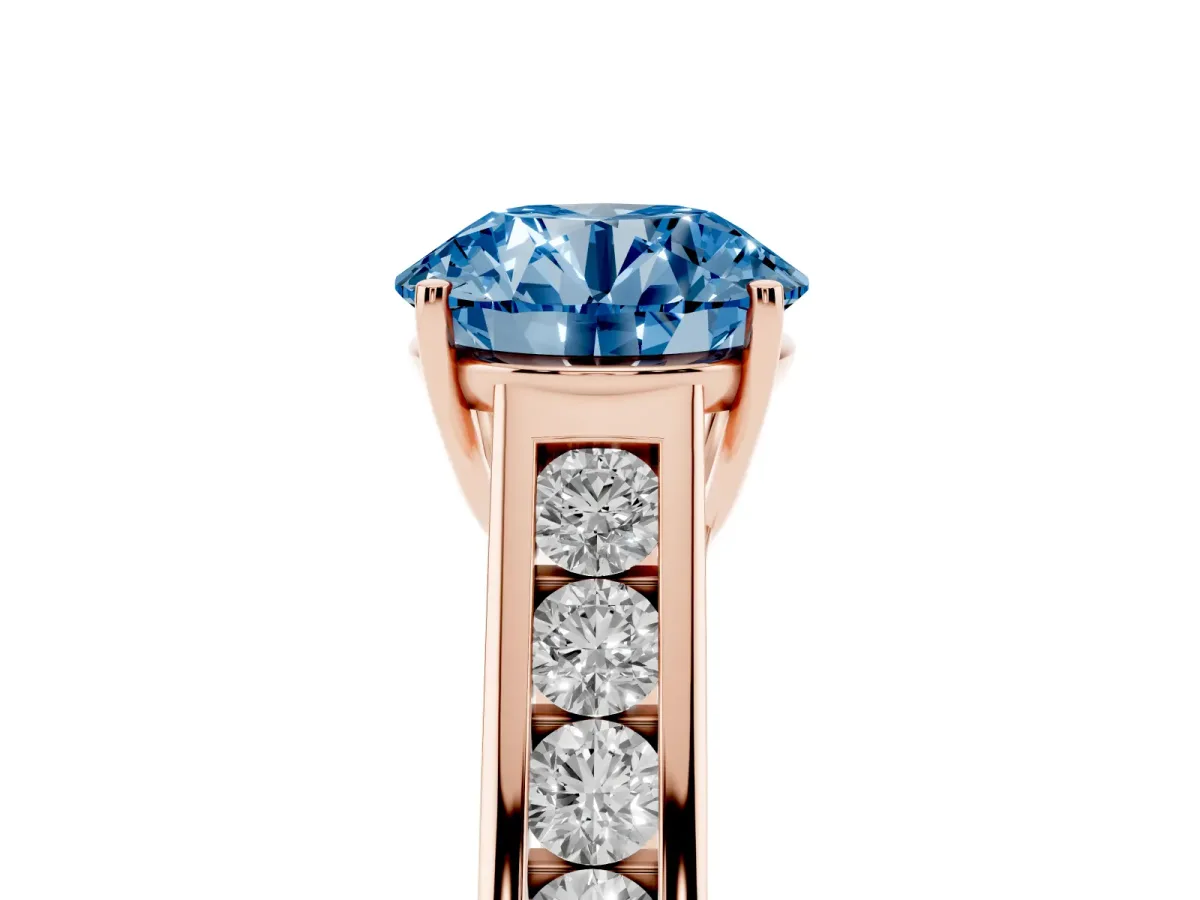 Fancy Blue Round Cut Solitaire Channel-Set Diamond Engagement Ring with Four-Prong Setting Rose gold