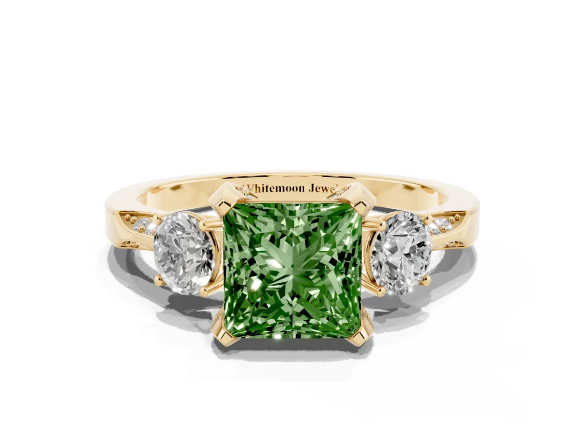 Fancy Green Princess Cut Brilliant Three-Stone Diamond Ring with Pavé Band and Four-Prong Setting Yellow gold
