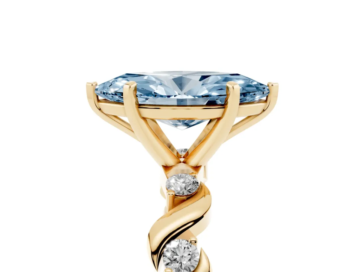 Fancy Blue Marquise Cut Diamond Solitaire Twisted Band with Round Accents and Prong Setting Yellow gold