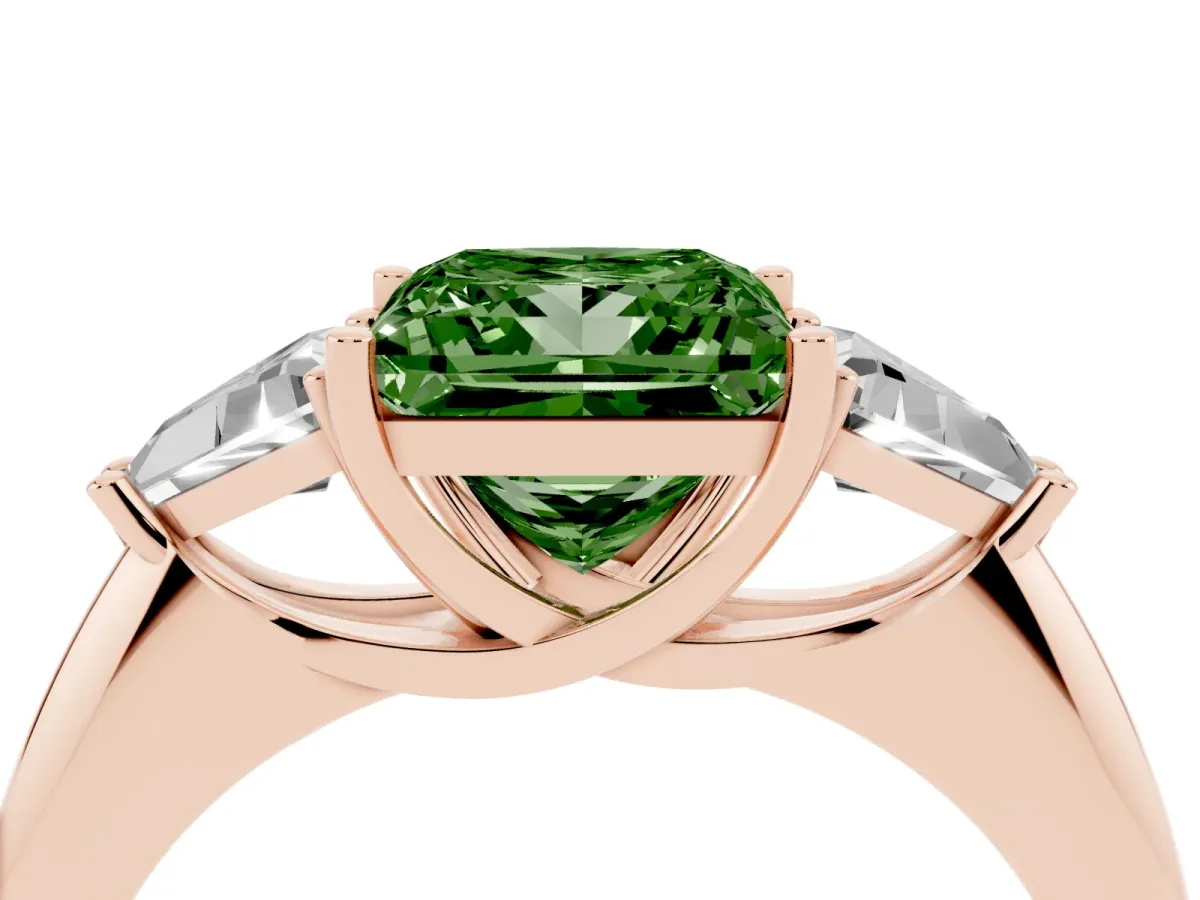 Fancy Green Three-Stone Princess Cut Diamond Engagement Ring with Trillion Side Stones and Prong Setting Rose gold