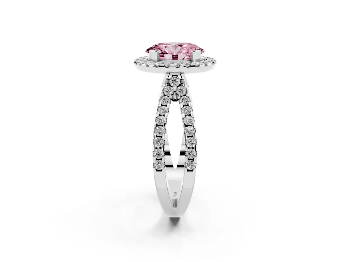Fancy Pink Oval Cut Diamond Halo Ring with Split Shank Pavé Band and Prong Setting Silver