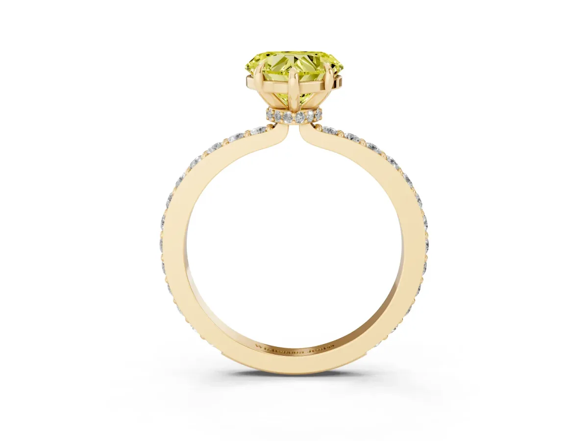 Fancy Yellow Heart Cut Diamond Pavé Engagement Ring with Round Accents and Prong Setting Yellow gold