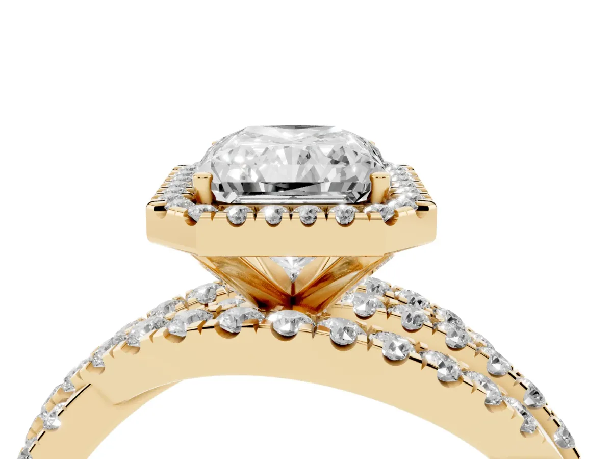 Radiant Cut Diamond Halo Ring with Round Split Shank and Prong Setting Yellow gold