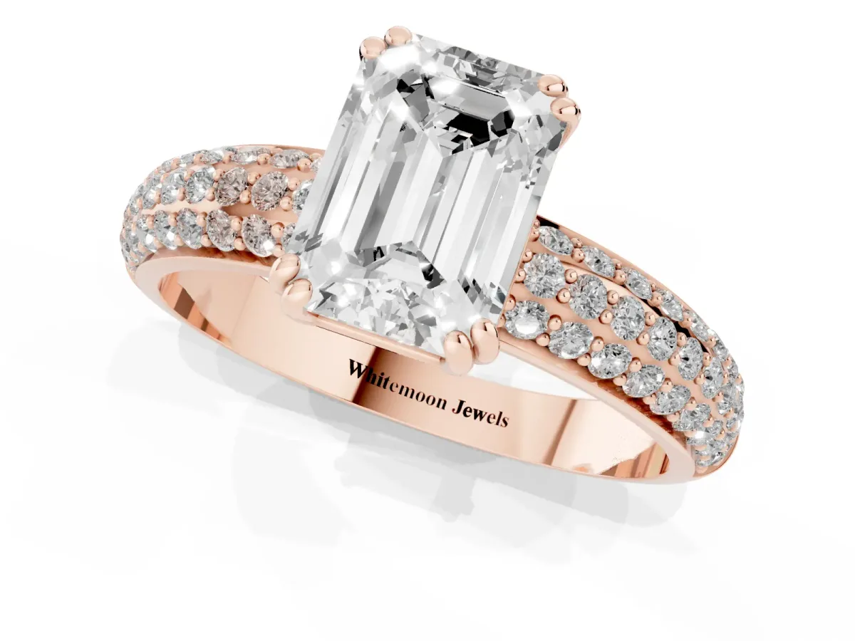 Emerald Cut Diamond Solitaire Ring with Multi-Row Round Pavé Band and Prong Setting Rose gold
