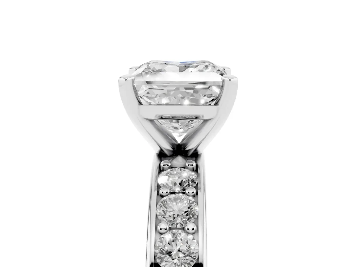 Princess Cut Diamond Engagement Ring with Channel Set Round Band and Prong Setting Platinum