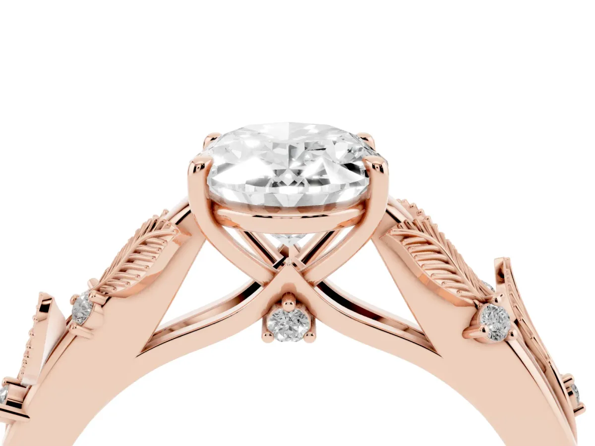 Oval Cut Diamond Solitaire Ring with Leaf Motif Band and Four-Prong Setting Rose gold