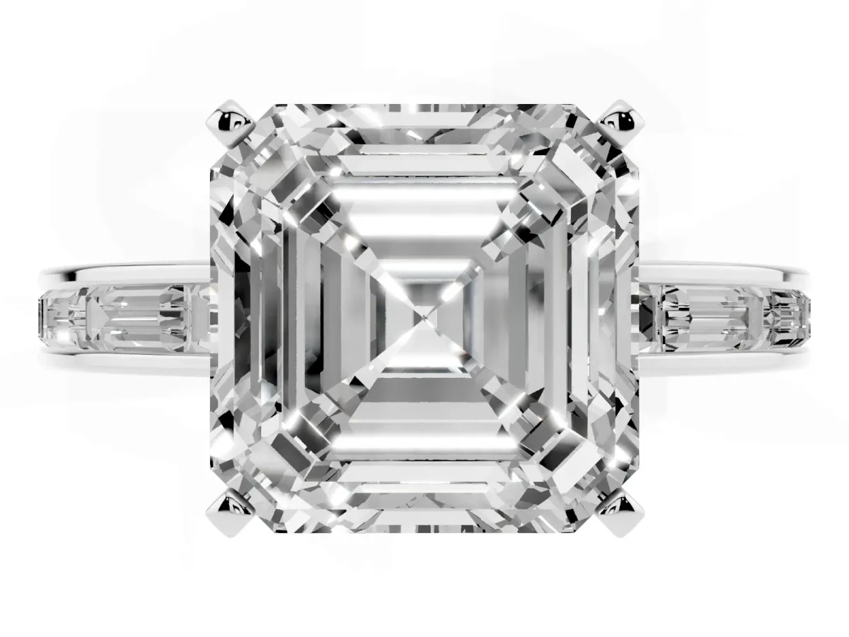 Asscher Cut Solitaire Diamond Ring with Channel-Set Baguette Band and Four-Prong Setting White gold