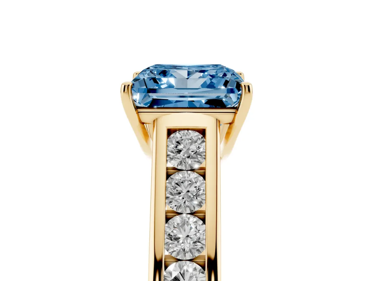 Fancy Blue Princess Cut Brilliant Channel-Set Solitaire Ring with Four-Prong Setting Yellow gold
