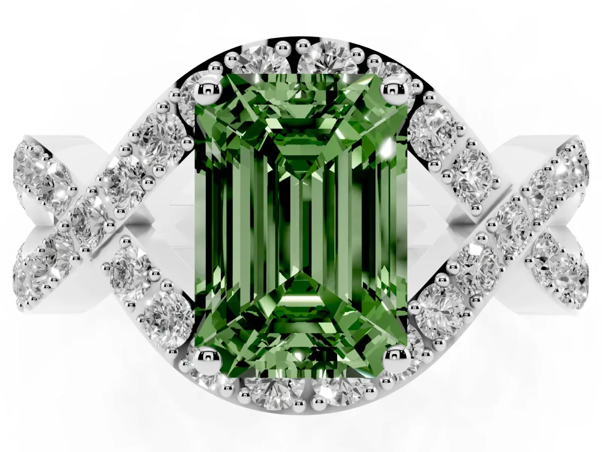 Fancy Green Emerald Cut Solitaire Twist Band Pavé Diamond Engagement Ring Silver