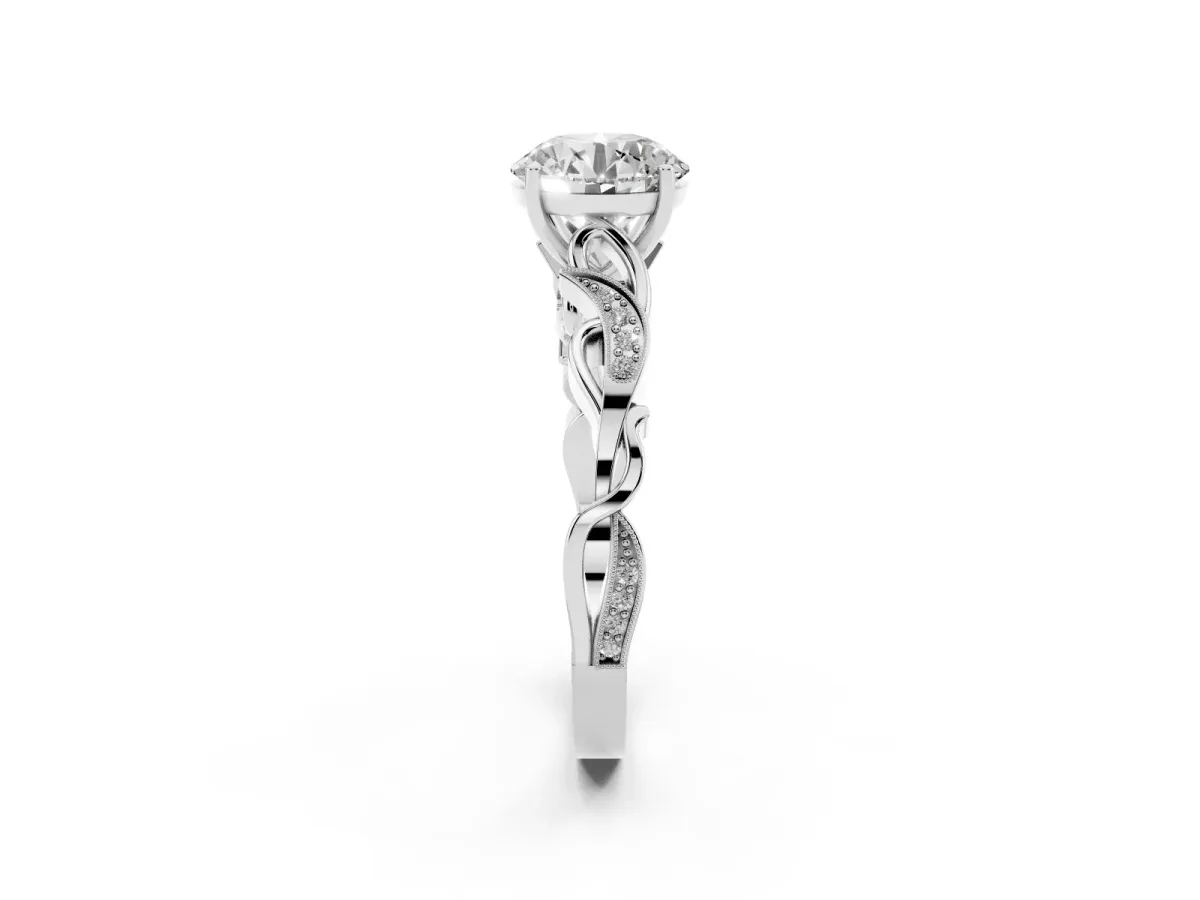 Round Cut Solitaire Vine Band with Milgrain Prong Setting White gold