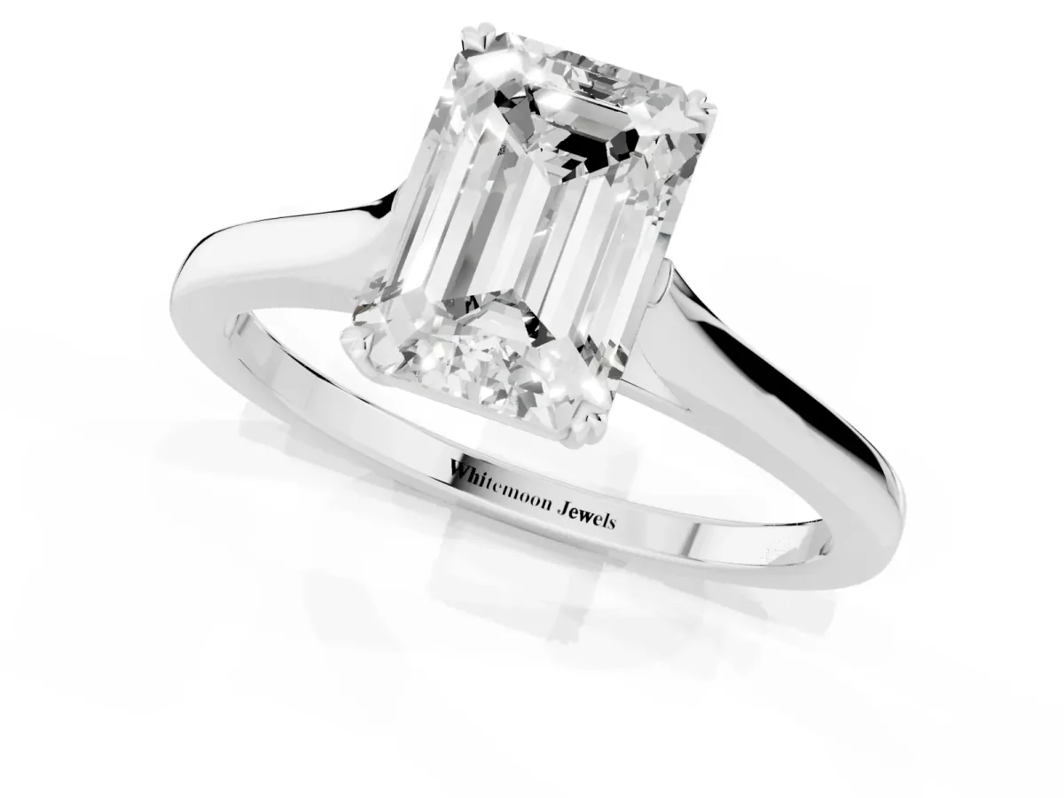 Emerald Cut Solitaire Heart Prong Engagement Ring with Tapered Band White gold