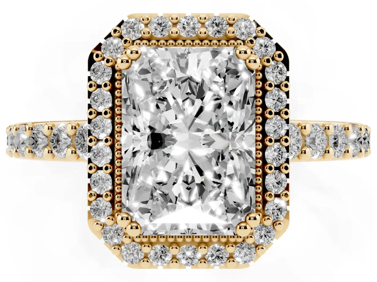 Radiant Cut Cut Diamond Halo Engagement Ring with Milgrain Detail and Pavé Band Yellow gold
