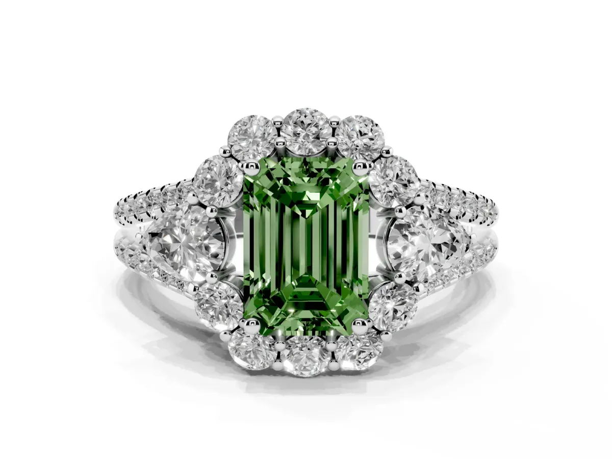 Fancy Green Emerald Cut Halo Split Shank Diamond Engagement Ring with Prong Setting White gold