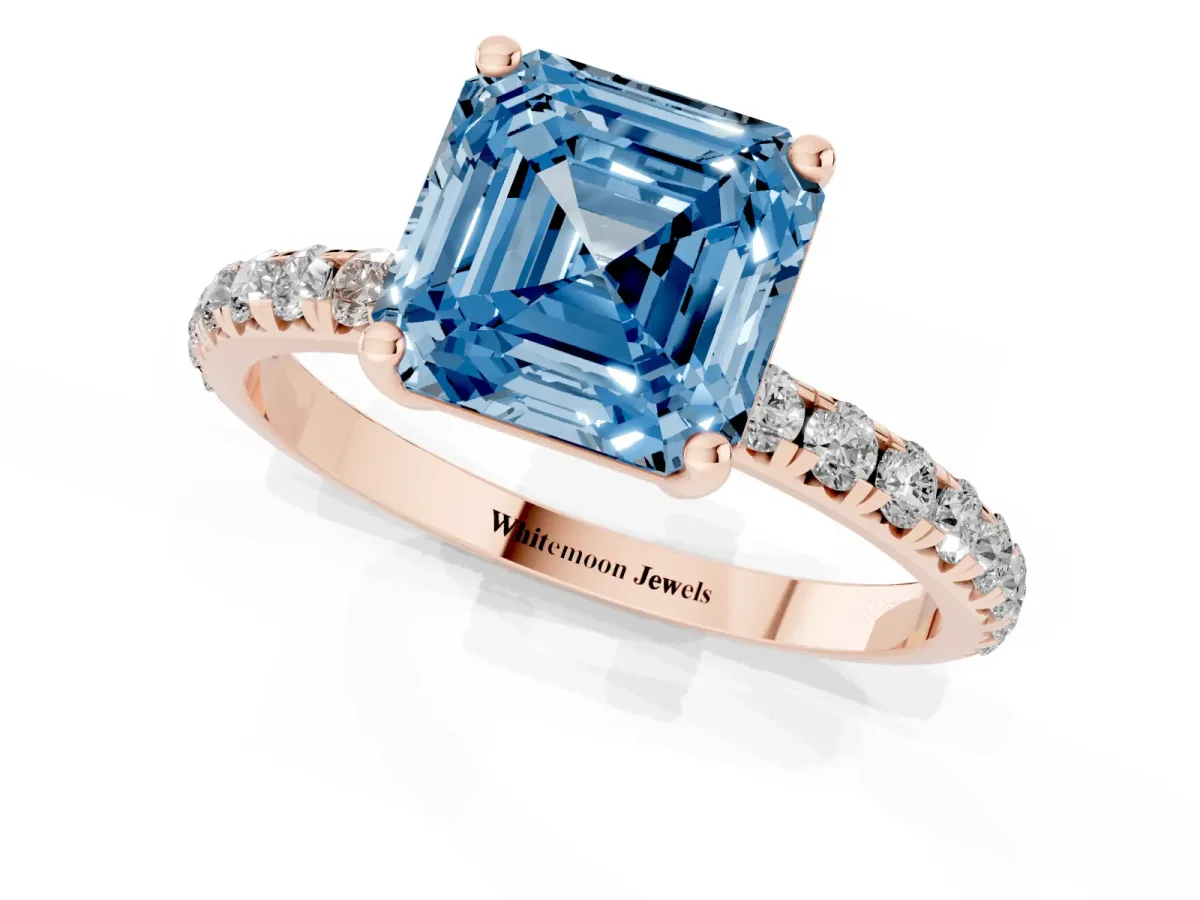 Fancy Blue Asscher Cut Cut Diamond Solitaire Ring with Micro Pave Band and Four Prong Setting Rose gold