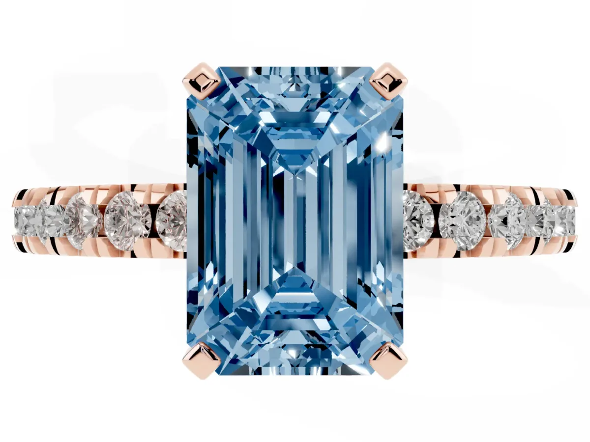 Fancy Blue Emerald Cut Diamond Pavé Band Solitaire with Four-Prong Setting Rose gold