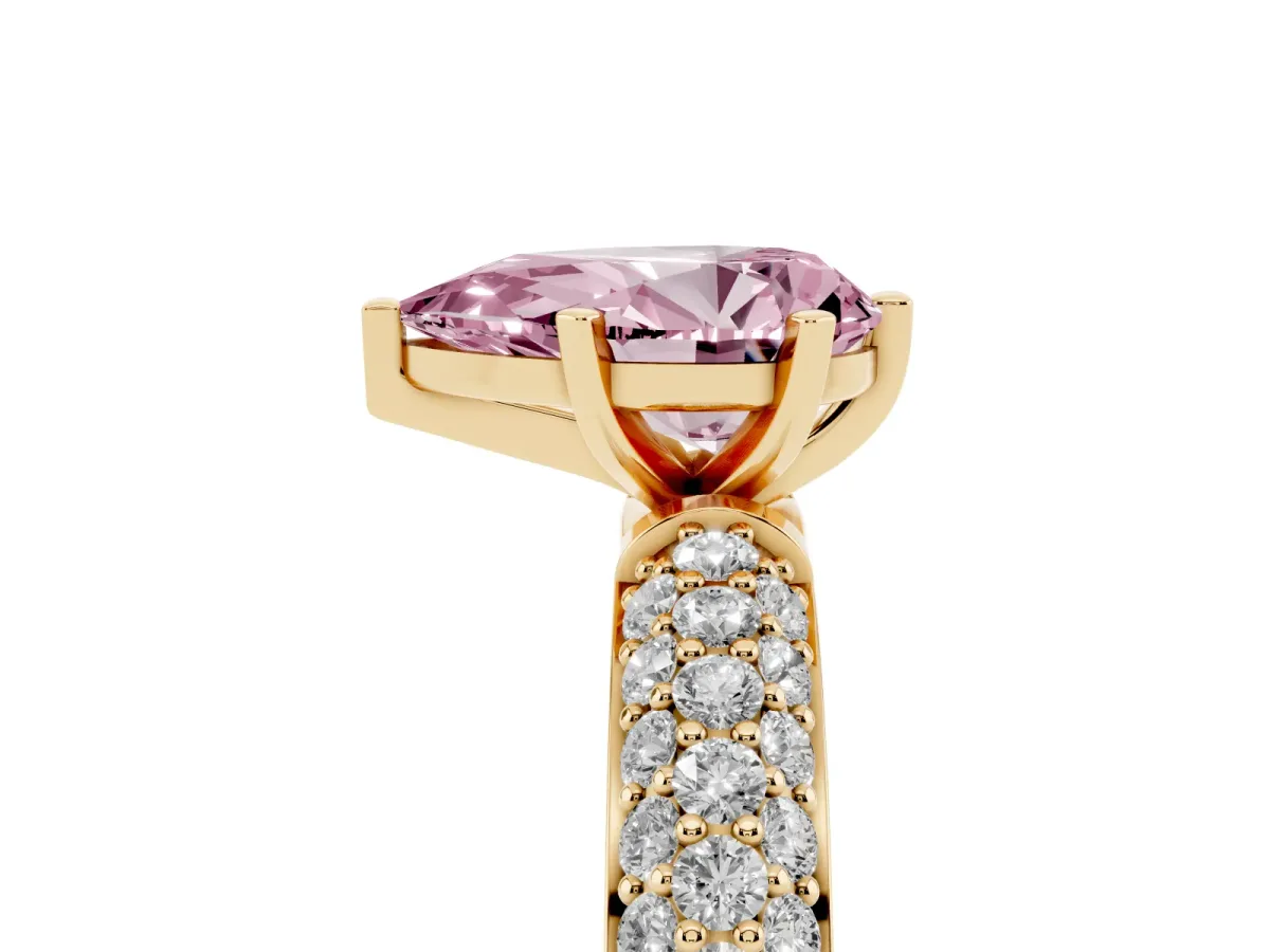 Fancy Pink Pear Cut Diamond Solitaire Ring with Prong Setting and Pavé Band Yellow gold