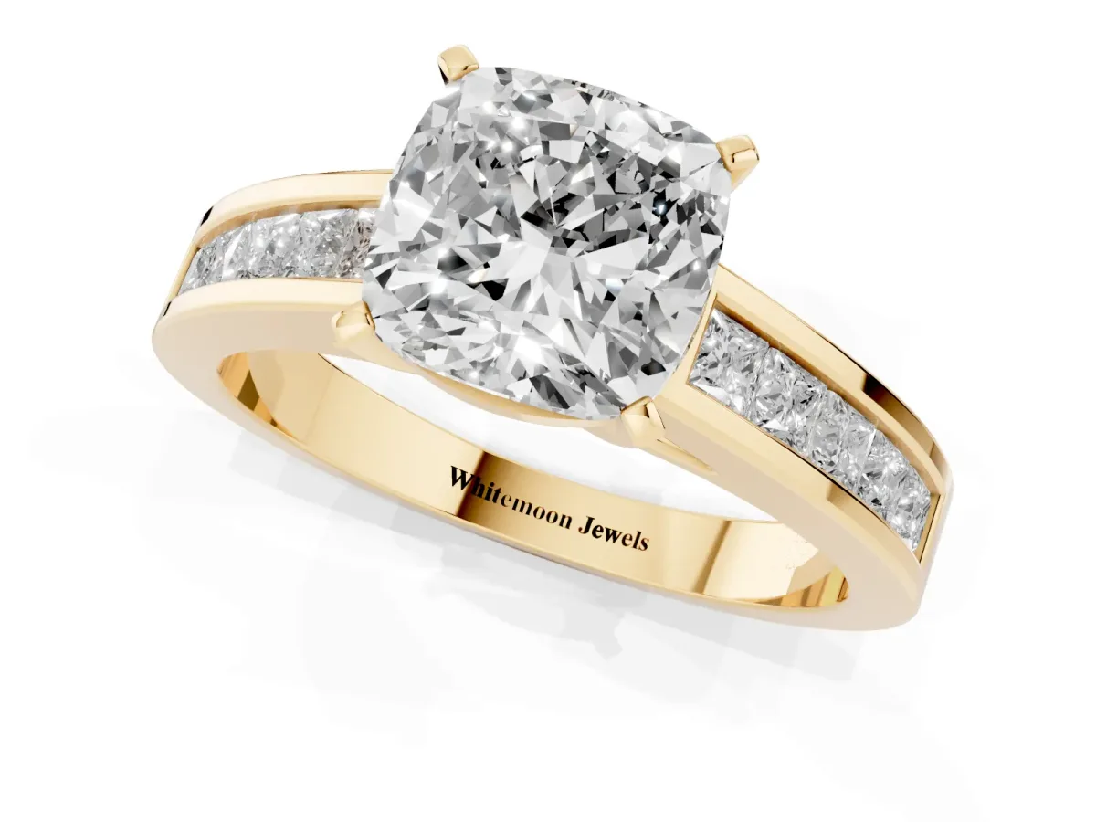 Cushion Cut Solitaire Diamond Ring with Channel-Set Band and Four-Prong Setting Yellow gold
