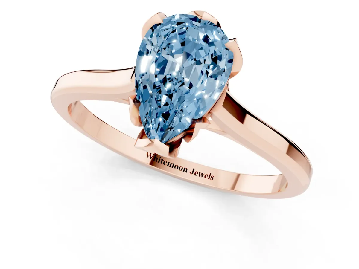 Fancy Blue Pear Cut Diamond Solitaire Ring with Flower Prong Setting and Classic Band Rose gold