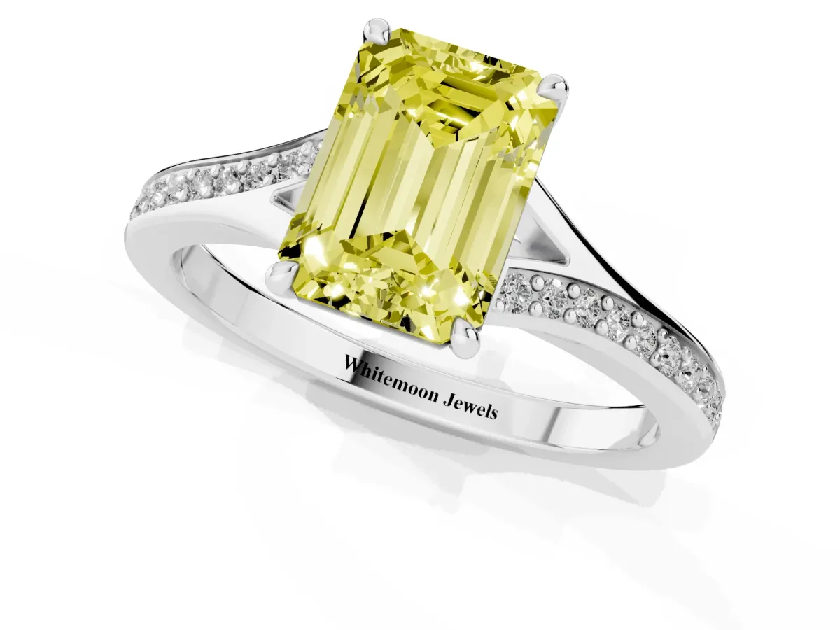 Fancy Yellow Emerald Cut Diamond Solitaire Ring with Pavé Band and Prong Setting Silver