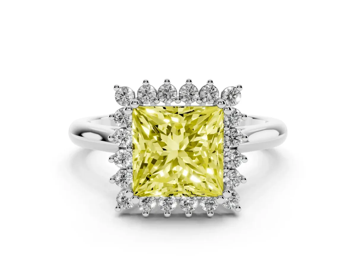 Fancy Yellow Princess Cut Cut Diamond Halo Ring with Solitaire Band and Prong Setting Silver