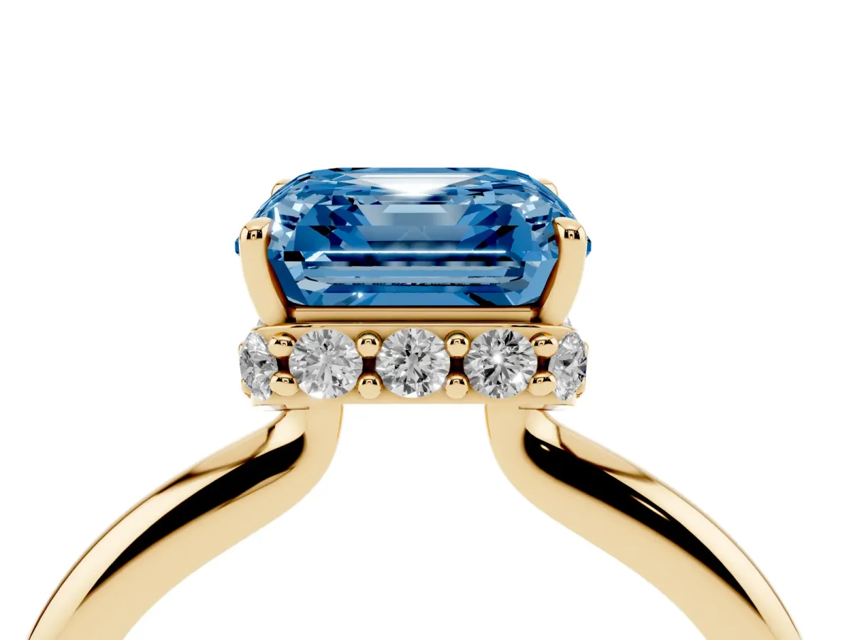 Fancy Blue Asscher Cut Brilliant Solitaire Engagement Ring with Six-Prong Setting and Classic Band Yellow gold