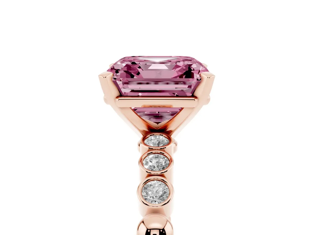 Fancy Pink Asscher Cut Solitaire Bezel Accent Diamond Engagement Ring with Beaded Band and Four-Prong Setting Rose gold