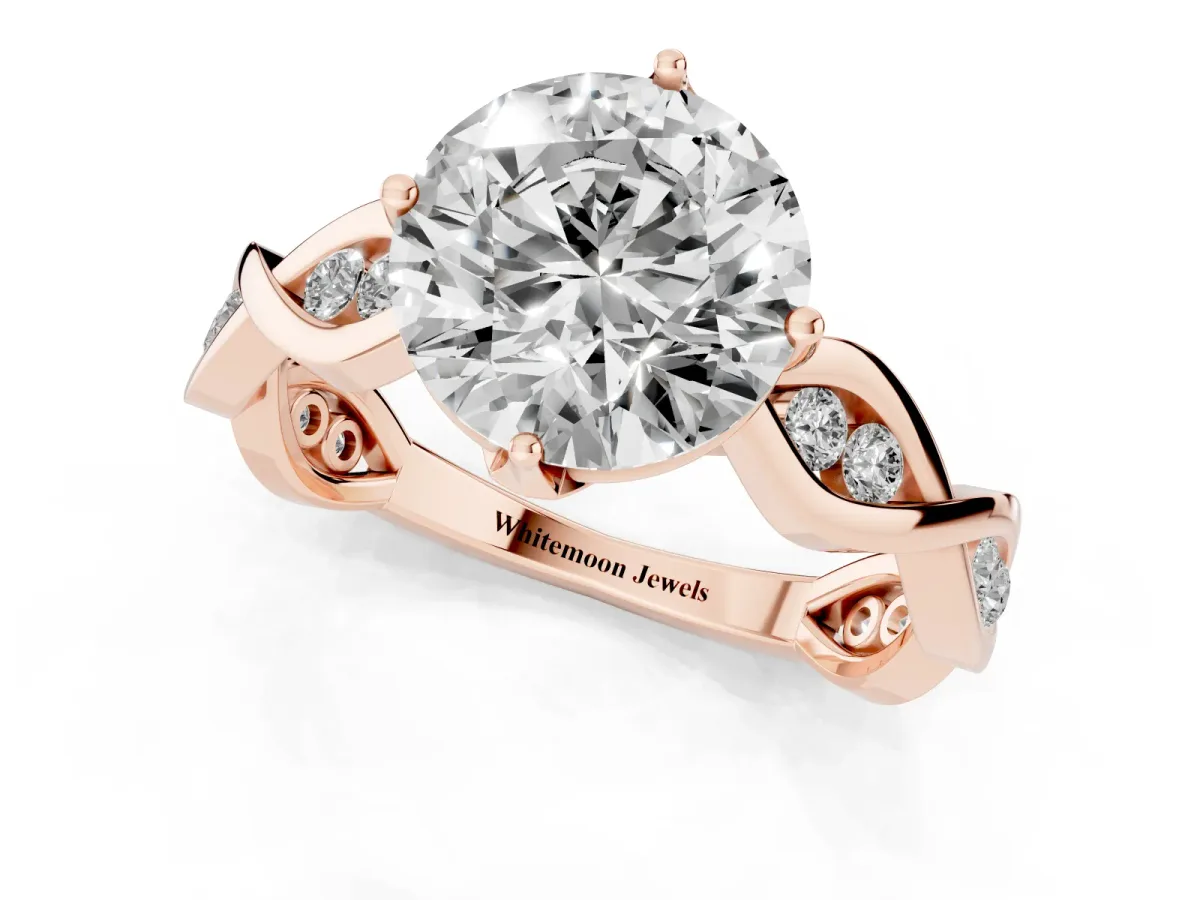Round Cut Solitaire Twist Band with Leaf Prong Setting Rose gold
