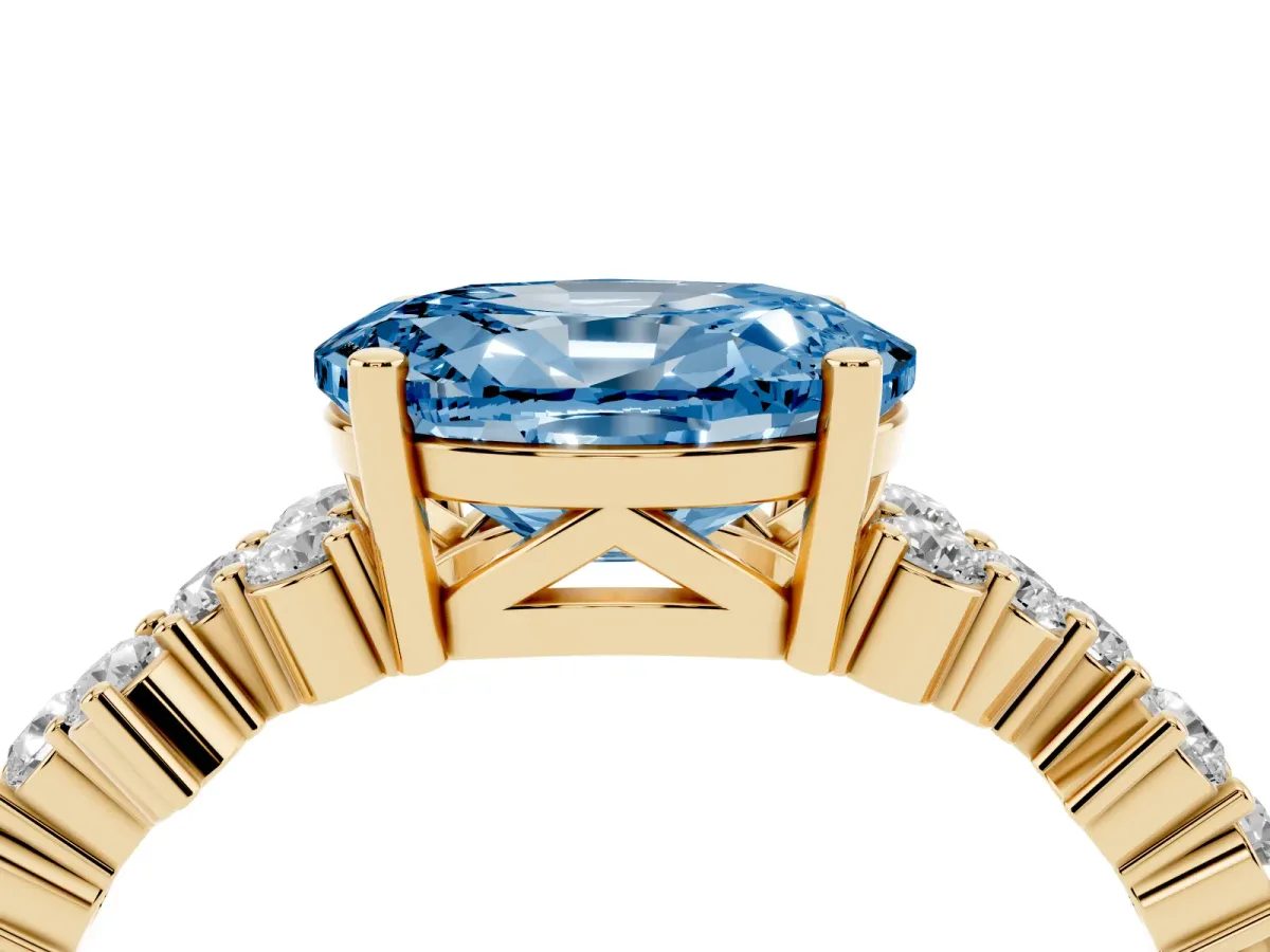 Fancy Blue Oval Cut Diamond Scattered Round Accent Ring with Prong Setting Yellow gold