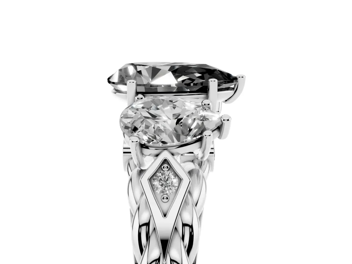 Fancy Black Three-Stone Pear Cut Diamond Braided Band Ring with Four-Prong Setting Silver
