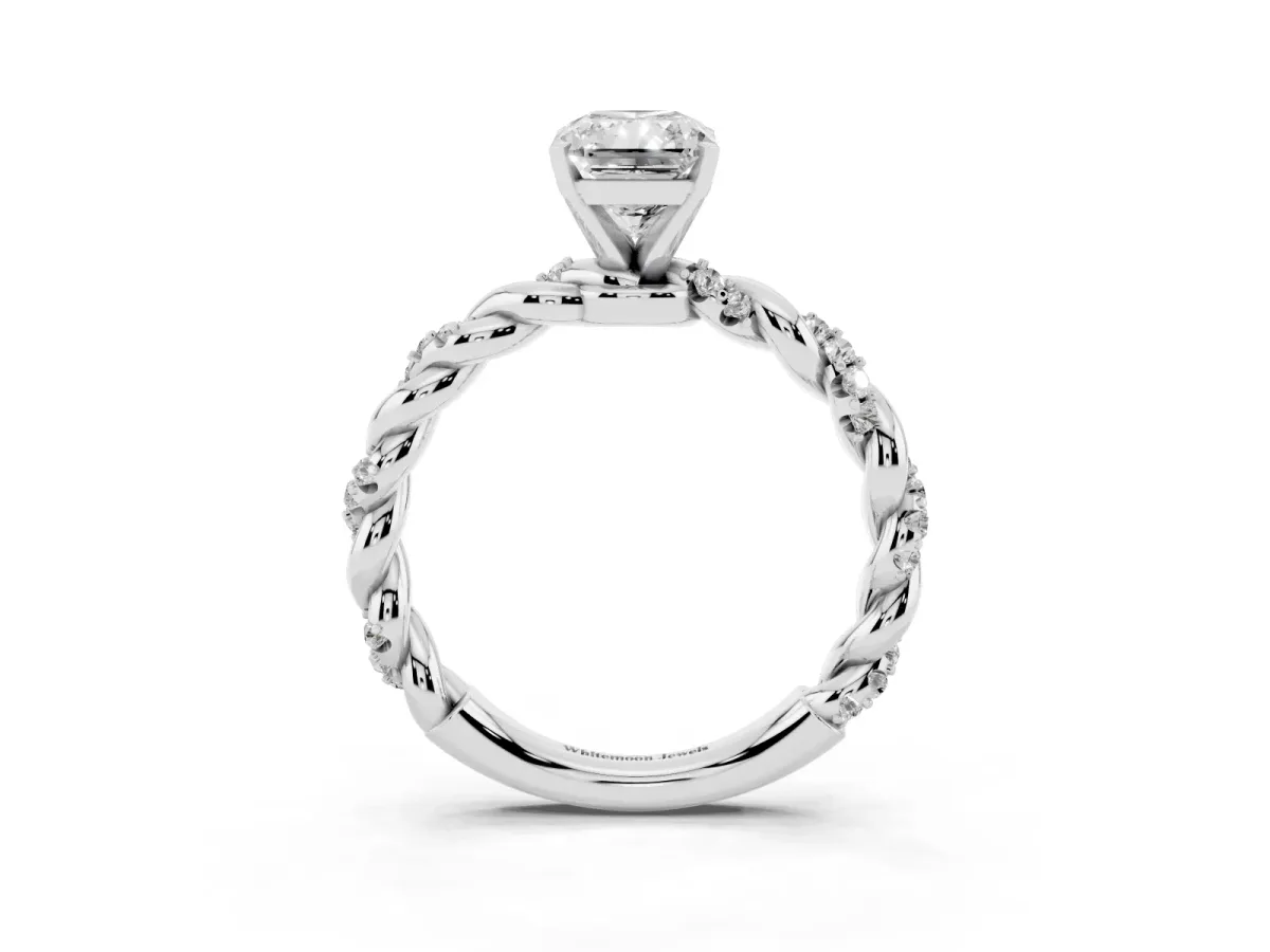 Radiant Cut Diamond Solitaire Ring with Twisted Band and Pavé Accents White gold