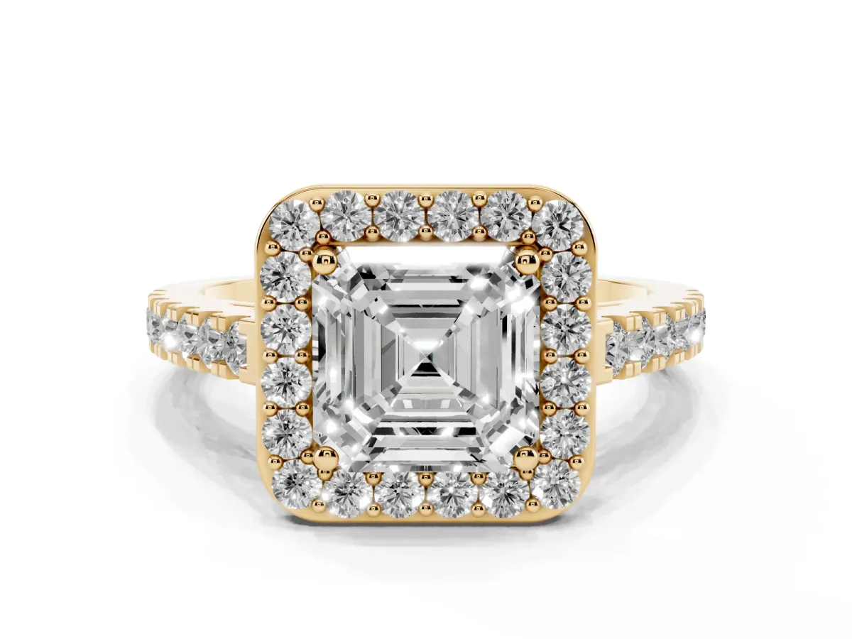 Asscher Cut Diamond Halo Ring with Round Pavé Split Shank and Prong Setting Yellow gold