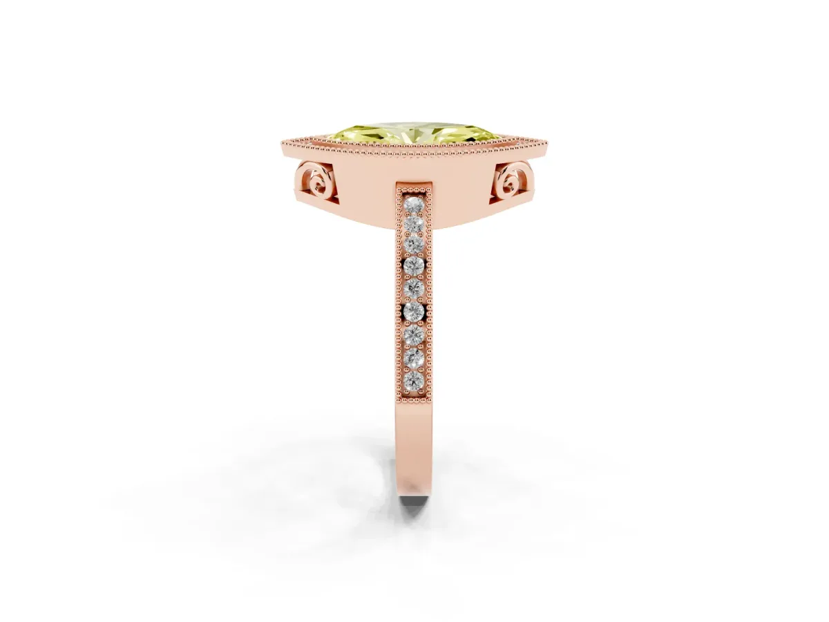 Fancy Yellow Marquise Cut Cut Halo Diamond Ring with Pavé Band and Milgrain Prong Setting Rose gold