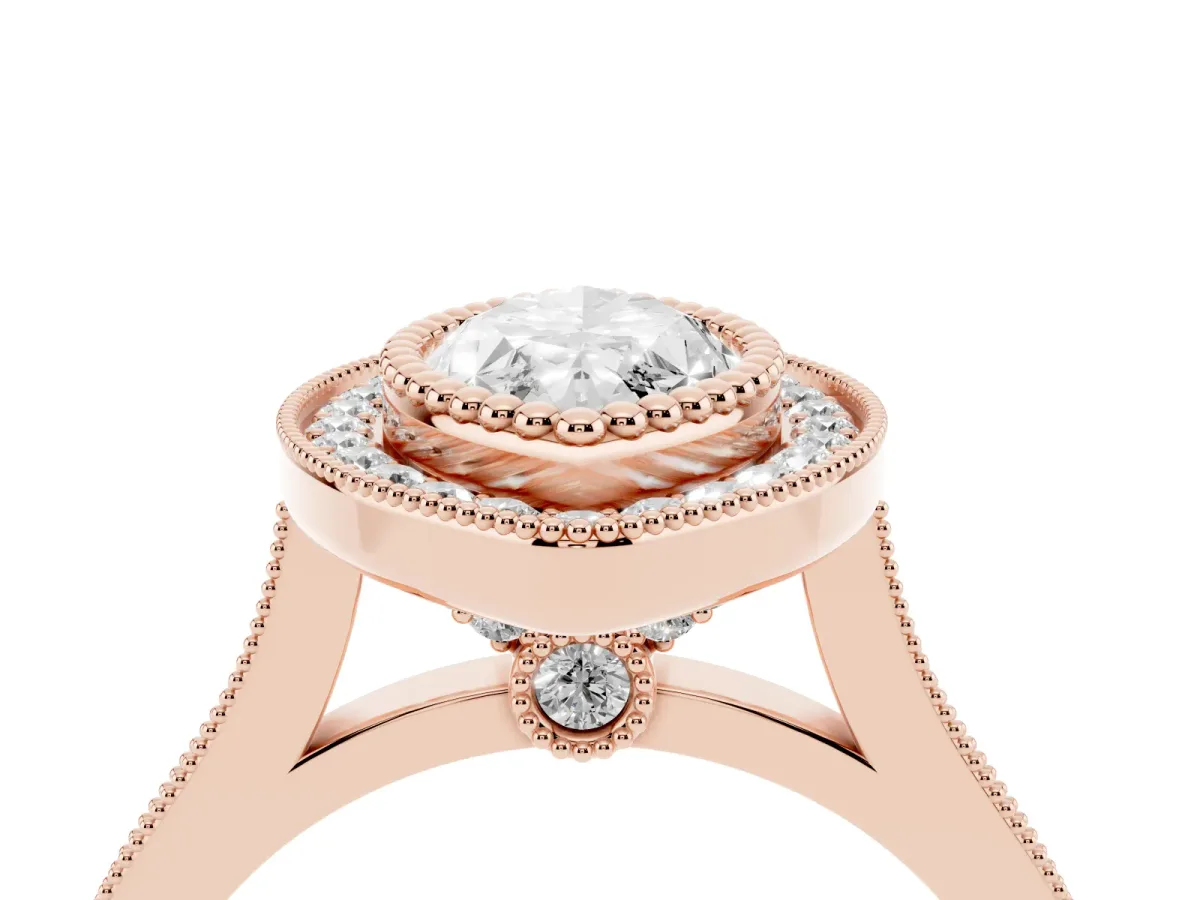 Marquise Cut Diamond Halo Ring with Milgrain Frame and Pavé Band Rose gold