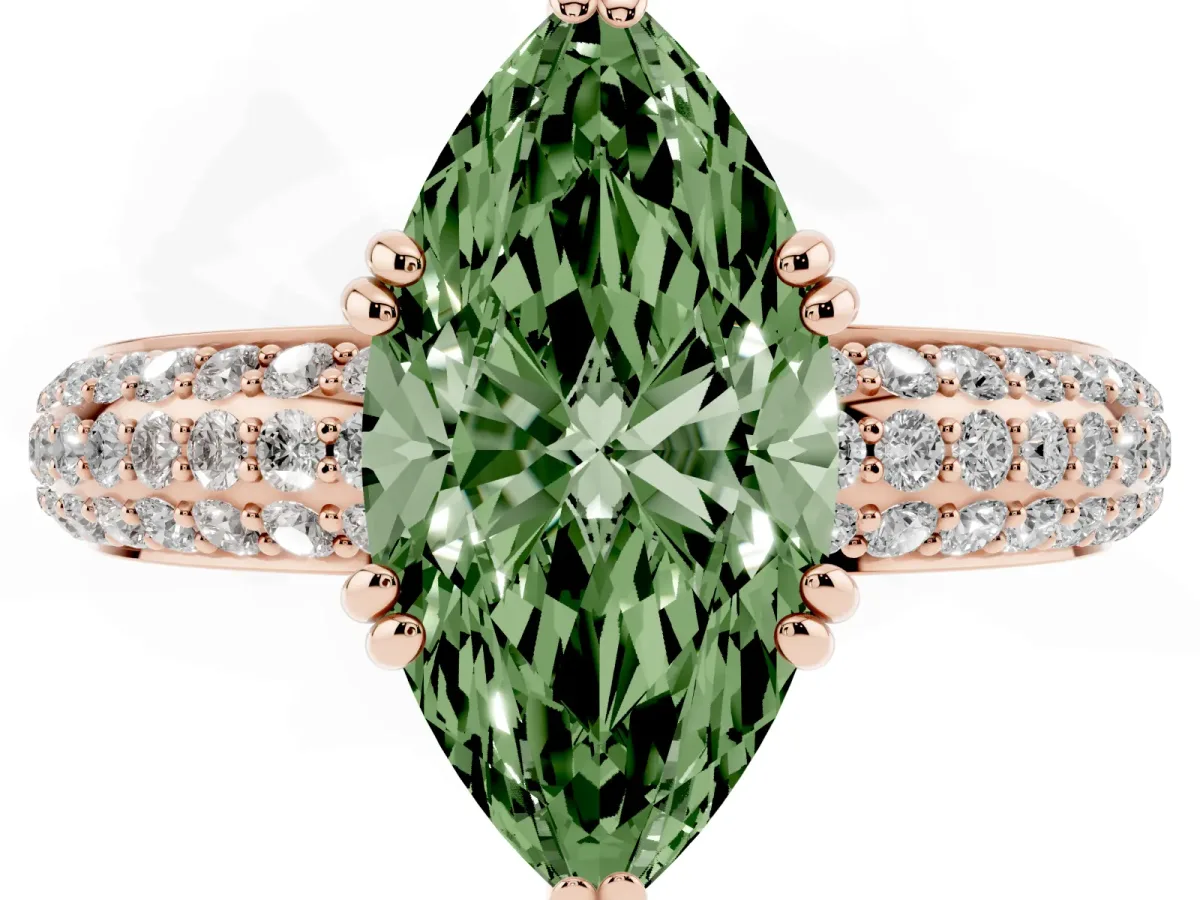 Fancy Green Marquise Cut Diamond Solitaire Ring with Multi-Row Round Pavé Band and Prong Setting Rose gold