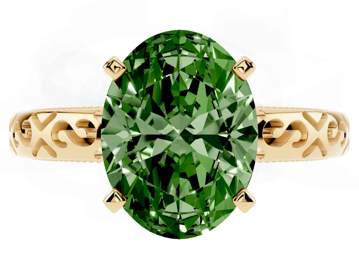 Fancy Green Oval Cut Solitaire Engagement Ring with Scrollwork Band and Four-Prong Setting Yellow gold