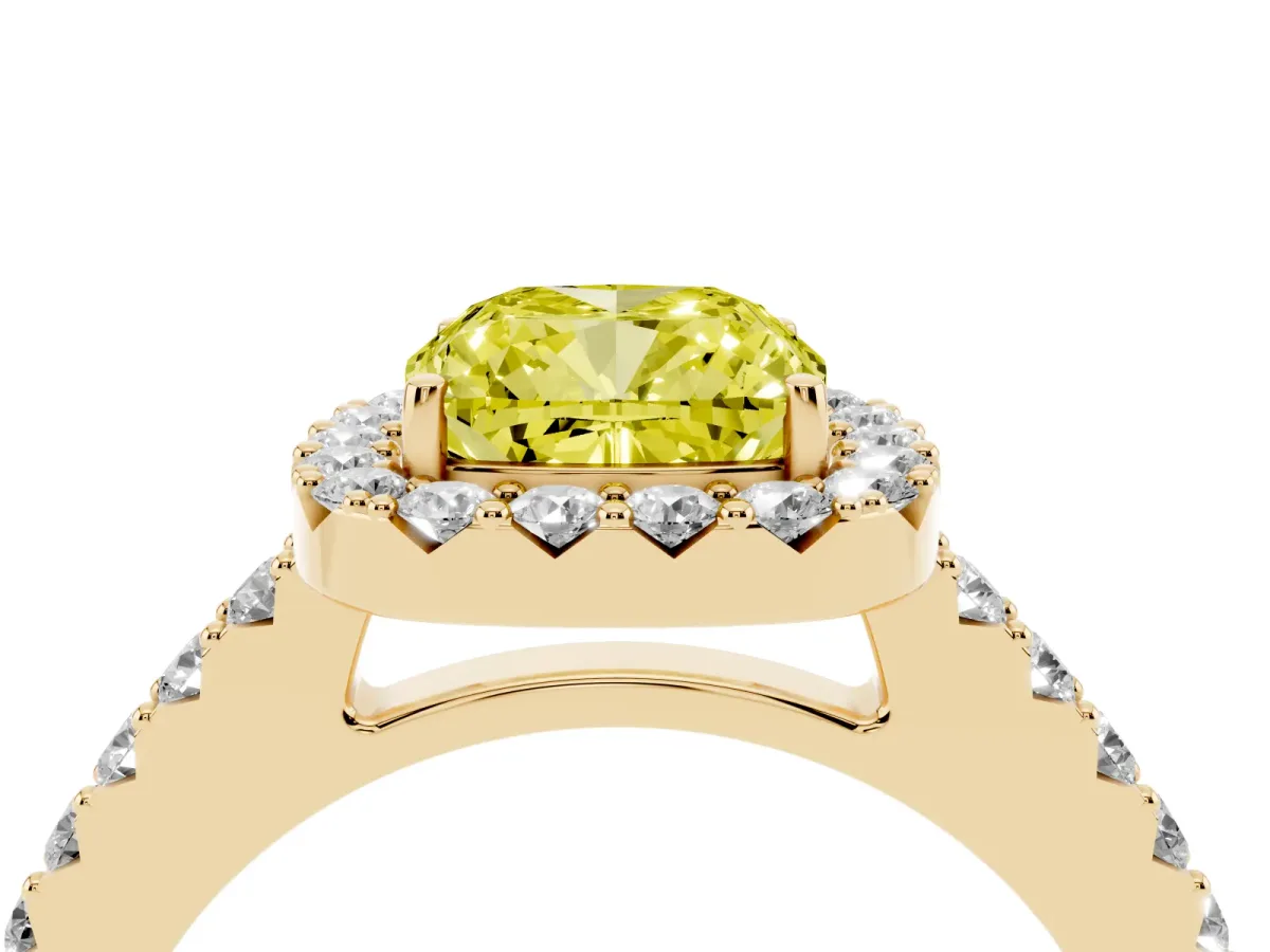 Fancy Yellow Cushion Cut Halo Diamond Pavé Solitaire Ring Yellow gold