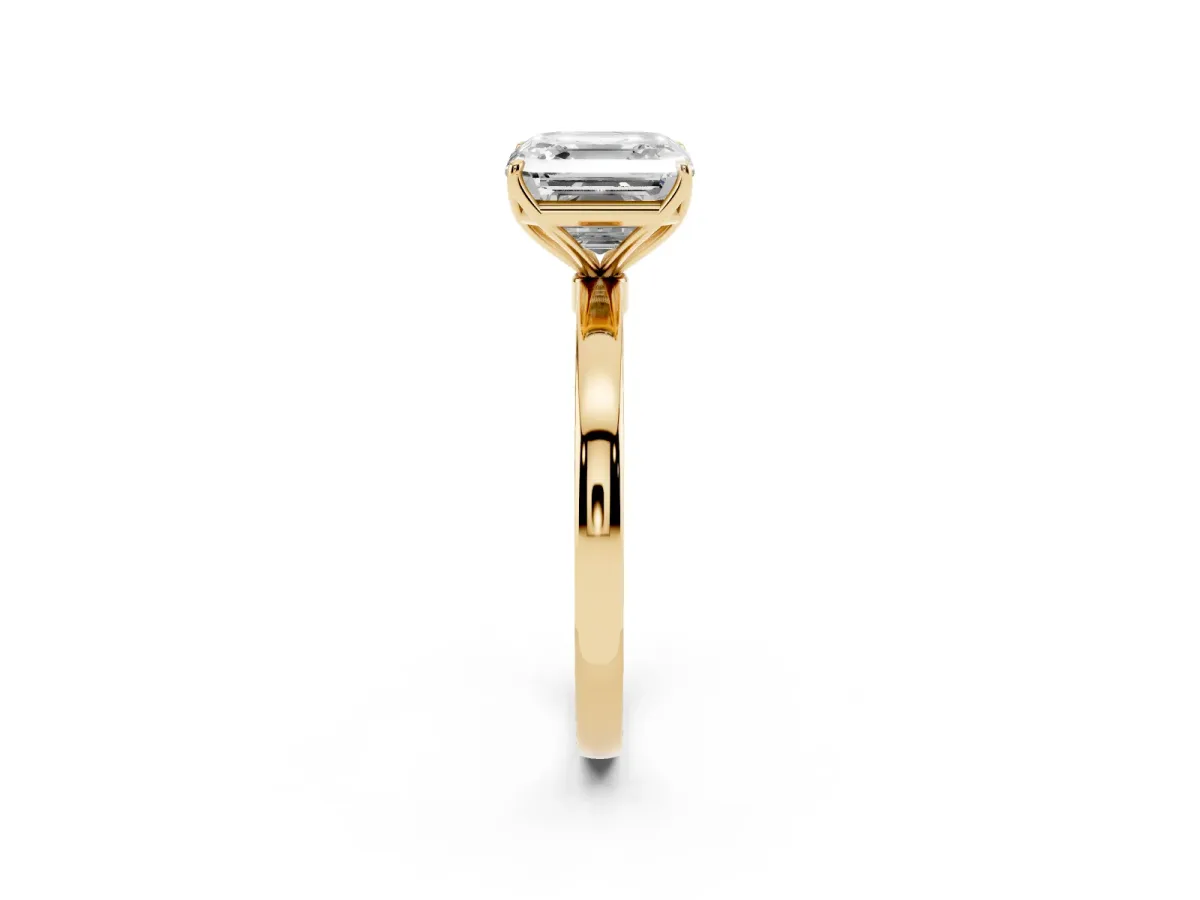 Asscher Cut Diamond Solitaire Ring with Thin Band and Prong Setting Yellow gold