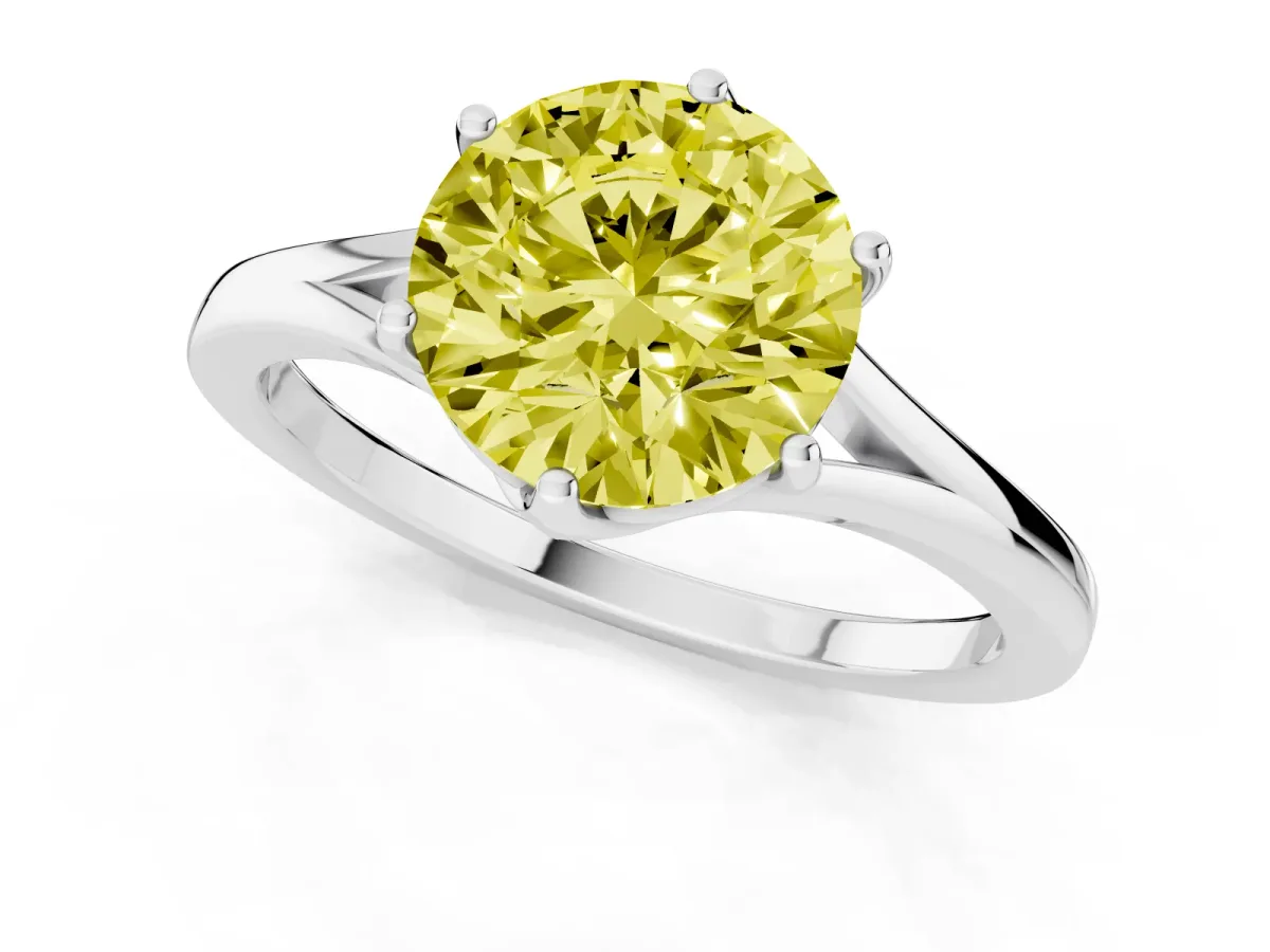 Fancy Yellow Round Cut Solitaire Diamond Ring with Six-Prong Setting and Tapered Band Platinum