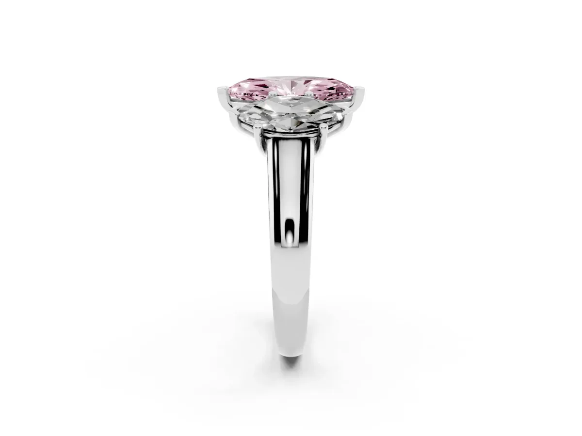 Fancy Pink Marquise Cut Three-Stone Diamond Ring with Prong Setting on a Classic Band Silver
