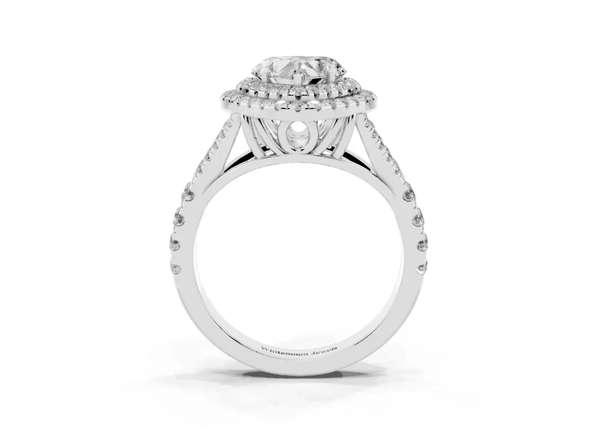 Heart Cut Cut Double Halo Split Shank Diamond Ring with Prong Setting Silver