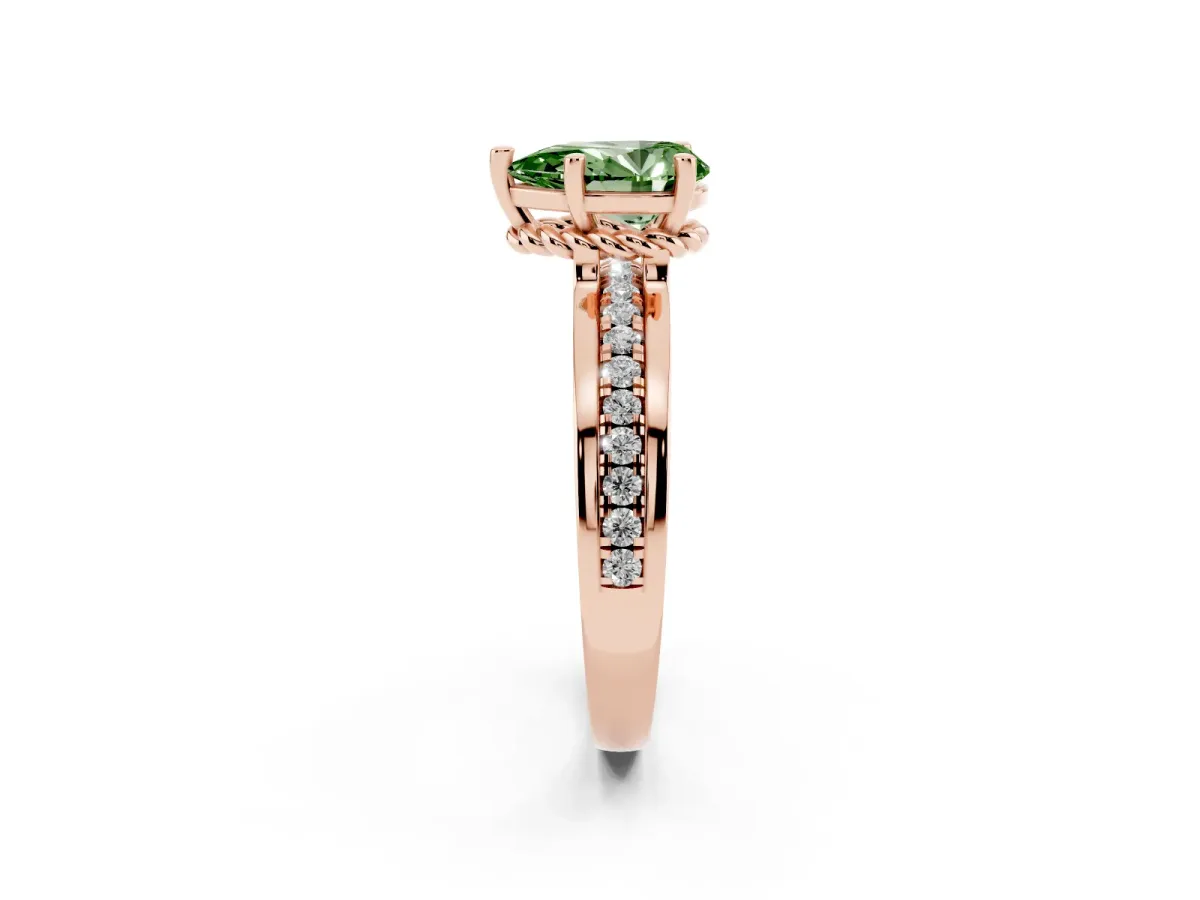 Fancy Green Pear Cut Solitaire Diamond Ring with Channel Set Band and Six-Prong Setting Rose gold