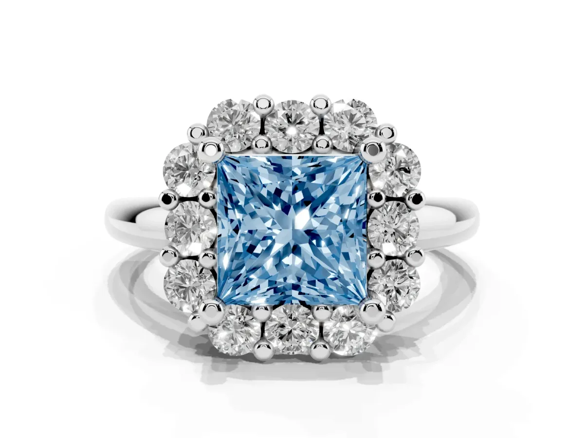 Fancy Blue Princess Cut Halo Cluster Diamond Engagement Ring with Prong Setting and Polished Band Platinum