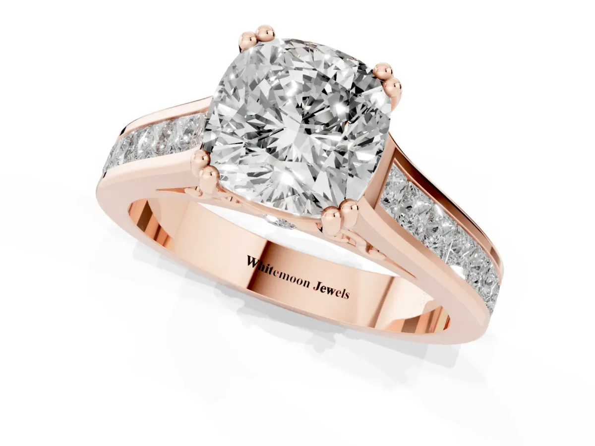 Cushion Cut Cut Channel Set Solitaire Engagement Ring with Prong Setting Rose gold